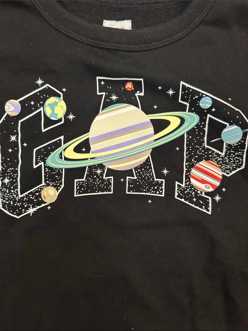Kids GAP Black Crewneck Sweatshirt with Pastel Planet Graphic. Size XL